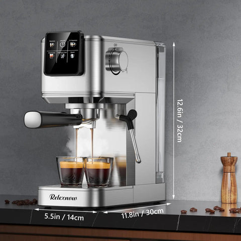 Heavy Hitter 20 Bar Espresso Machine Featuring A Sleek Beige Finish Built In Frother For Silky Lattes Quick Cold Brew Option And Zero Hassle Daily Grind Routine on countertop brewing espresso.