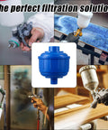 Six Pack Disposable Mini Air And Water Filter Cartridges For Spray Guns And Air Tools, shown filtering while painting wood.