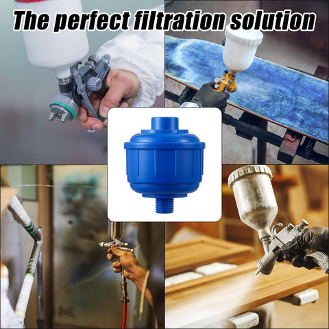Six Pack Disposable Mini Air And Water Filter Cartridges For Spray Guns And Air Tools, shown filtering while painting wood.