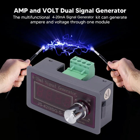 DC0-10V 4-20mA Generator Module With Dual LED Display And Precise Ampere And Voltage Readout, Back Calibration Pots For Coarse And Fine Tuning, Easy LED Testing, Heavy Duty Calibration Kit For Accurate Measurements, gray casing, handheld view