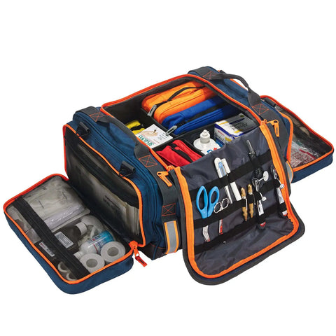 Open Arsenal 5216 First Responder Medical Trauma Jump Bag showing organized supplies with mesh dividers and ID slots.