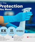 Blue nitrile gloves, large size with textured grip, worn on hand holding a spray bottle