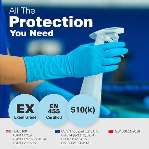 Blue nitrile gloves, large size with textured grip, worn on hand holding a spray bottle