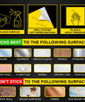 Infographic showing application and surface compatibility for 'Set Of 5 Fire Extinguisher Signs 4 Point 5 Inch Circle Waterproof Laminated Vinyl Stickers Stick On 4 Mil Durable Scratch And Fade Resistant Fire Safety Labels For Building And Office.'