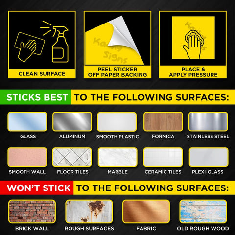 Infographic showing application and surface compatibility for 'Set Of 5 Fire Extinguisher Signs 4 Point 5 Inch Circle Waterproof Laminated Vinyl Stickers Stick On 4 Mil Durable Scratch And Fade Resistant Fire Safety Labels For Building And Office.'