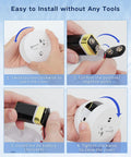 Installation steps for Six Pack Water Leak Detectors With 100dB Alarm Battery Operated Water Sensor Alarms, battery setup shown.