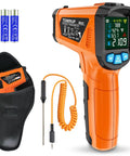 Dope Non Contact Infrared Thermometer Gun With Color LCD for cooking and DIY, battery pack, and holster, orange with accessories