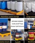 Straight Up Heavy Duty Modular Spill Containment Berm Platform With Ventilated Nonslip Grating For Warehouse Safety in use for hazardous waste storage.