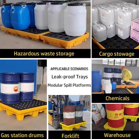 Straight Up Heavy Duty Modular Spill Containment Berm Platform With Ventilated Nonslip Grating For Warehouse Safety in use for hazardous waste storage.