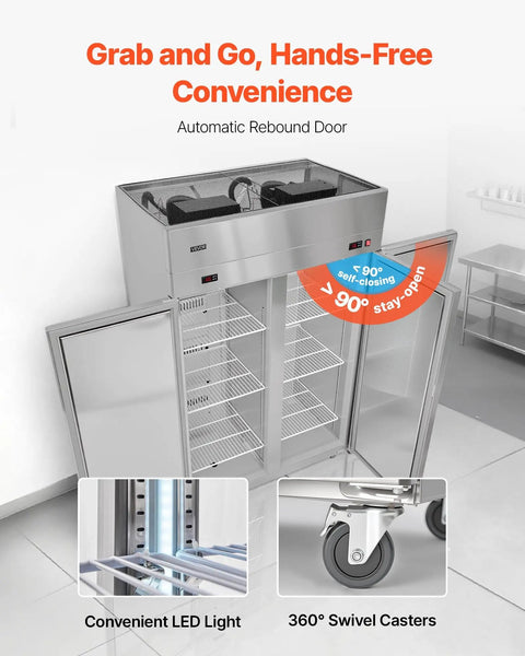 Top Shelf Commercial Refrigerator And Freezer Combo 48 Inch Wide 32 Cubic Feet stainless steel with self-closing automatic door and casters.
