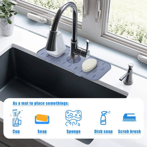 Gray Silicone Faucet Splash Guard Mat For Kitchen Sink, Drip Catcher Tray To Keep Counter Dry, fits 2.50 inch faucet hole
