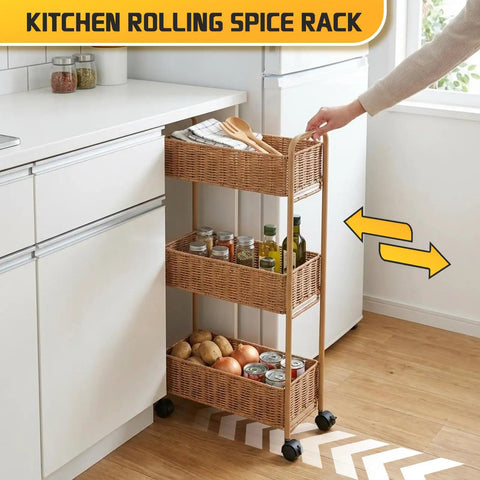 Ultra Slim 3 Tier Rolling Storage Cart for Small Spaces Narrow 7.1 Inch Wide Mobile Shelving Unit for Kitchen Office Laundry Bathroom Nursery and Living Room Portable Organizer to Ditch Clutter and Maximize Space, shown as spice rack in kitchen.