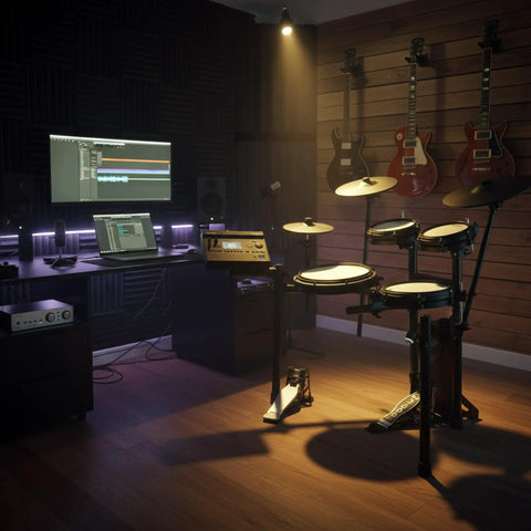 TD313 V-Drums Electronic Drum Kit Bundle With Audio Cable, Drumsticks, Drumstick Bag, And Polishing Cloth in a home studio setup