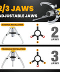 Illustration of 2/3 adjustable jaws for 15 Ton Hydraulic Gear Puller Kit With Case 3 Jaw Wheel Bearing Separator