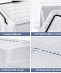 Super Sized 3 Pack Heavy Duty Waterproof Plastic Stackable Storage Totes 90 Quarts Locking Bins showing reinforced edges and buckle features