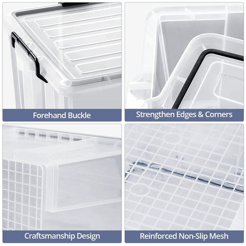 Super Sized 3 Pack Heavy Duty Waterproof Plastic Stackable Storage Totes 90 Quarts Locking Bins showing reinforced edges and buckle features