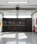 Game Changing Garage Cabinet Organization 17 Piece Workshop Storage Setup Corner Unit with black and red cabinets and pegboard.