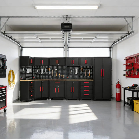Game Changing Garage Cabinet Organization 17 Piece Workshop Storage Setup Corner Unit with black and red cabinets and pegboard.