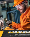 Braided graphite valve packing being installed by a worker in orange safety gear