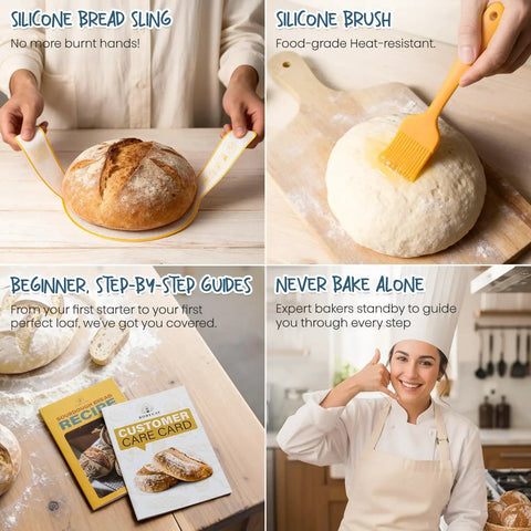 All In One Sourdough Starter Kit tools, including silicone bread sling, brush, step-by-step guides, and baker support.