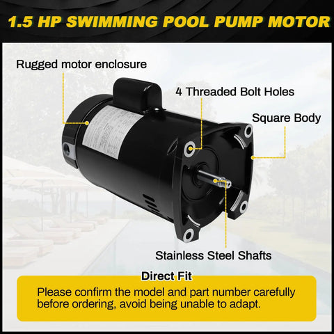 Beefy 1.5 HP Pool Pump Motor Single Speed Square Flange Direct Replacement Fits Pentair Whisperflo StaRite And AOSmith Century B2854 B854 Models 230 Or 115 Voltage with rugged enclosure and square body.