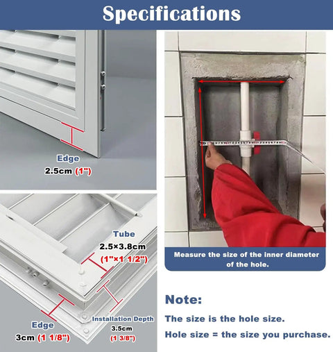Specifications for Heavy Duty Aluminum Wall Access Panel With Secure Magnetic Latch And Crisp White Louvered Vents For No Sweat Drywall Inspection And Top Shelf Airflow Control 36 By 48 Inch