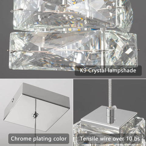 Close-up of K9 crystal lampshade and chrome plating color on gold modern crystal pendant light fixture for kitchen island and dining room.