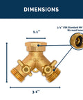 Morvat brass 2-way Y-splitter garden hose manifold with ON/OFF valves; lead-free, 3/4 in NH threading.