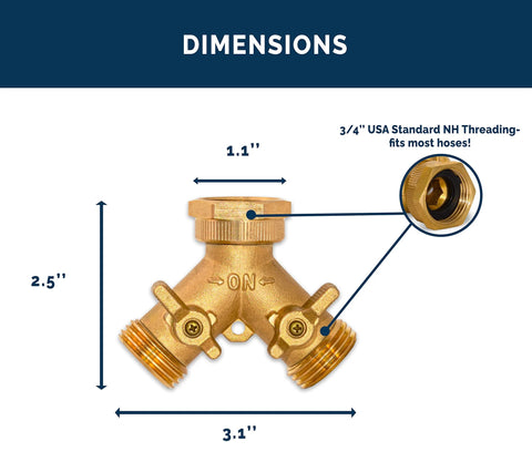 Morvat brass 2-way Y-splitter garden hose manifold with ON/OFF valves; lead-free, 3/4 in NH threading.