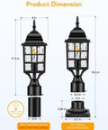 Outdoor Dusk To Dawn Post Light With A 3 Inch Pier Mount Base 19 Inch Tall Exterior Lantern Featuring Tempered Glass Anti Rust Die Cast Aluminum Construction Matte Black Hardwired 120V Lamp Post For Homes And Driveways showing dimensions