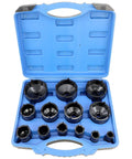 Open blue case displaying 13 Piece Spindle Nut Socket Kit For KM Groove Nuts Remove And Install Locking Hub Sockets For Ball Joints And Axles