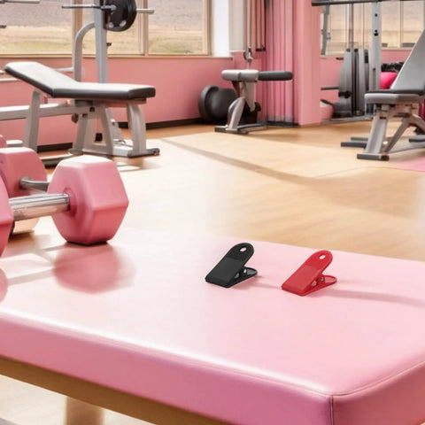 12 Pack Universal Treadmill Safety Switch Clips in a gym environment, showing spring-loaded emergency stop accessories on pink bench.