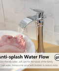 Tall chrome vessel sink faucet with waterfall spout in action, demonstrating anti-splash water flow, hands catching water.