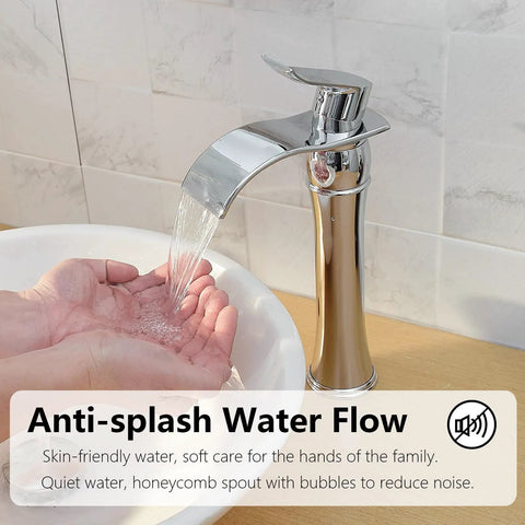 Tall chrome vessel sink faucet with waterfall spout in action, demonstrating anti-splash water flow, hands catching water.