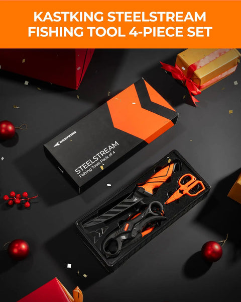 All In One Fishing Tool Set With Corrosion Resistant Pliers Fillet Knife Scissors Lip Gripper And Multi Functional Jaw For Freshwater Bass Angling A Great Gift For Men displayed in box