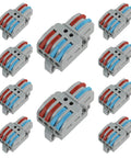 10 Pack 2 In 4 Out Push Lever Wire Connectors Din Rail Mount with red and blue levers for heavy duty wiring.