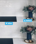 Before and after installing Peel And Stick 10 Feet Flexible Vinyl Molding Trim For Tile Edges And Kitchen Backsplash