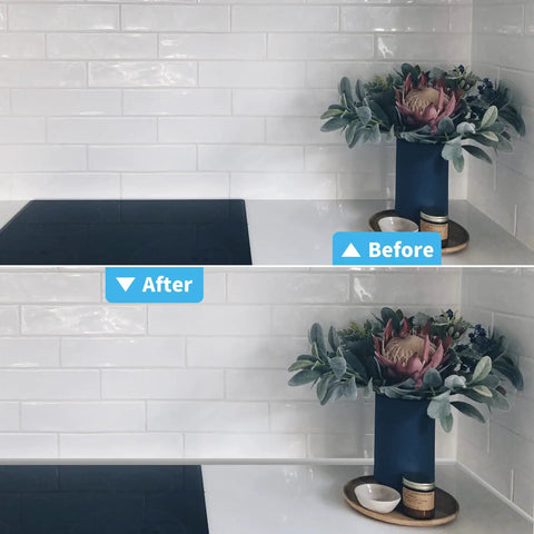 Before and after installing Peel And Stick 10 Feet Flexible Vinyl Molding Trim For Tile Edges And Kitchen Backsplash