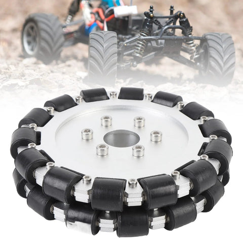 Front view of a 6-inch double-row mecanum wheel with 19mm black rollers and aluminum hub