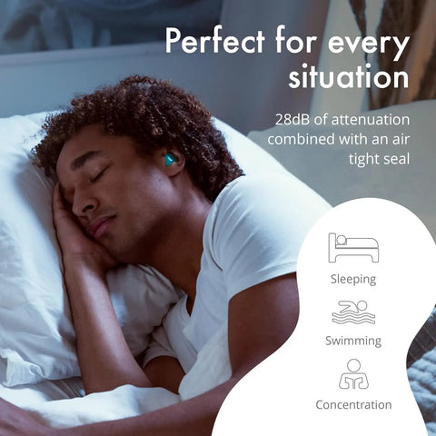 Person sleeping with Moldable Silicone Ear Plugs 28dB Noise Reduction For Sleeping Swimming And Concentrating Comfy Snoring Solution Soft And Flexible