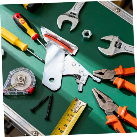 Rugged Steel Swivel Caster Bracket With Locking Brake And Four Inch Wheels for Heavy Machinery and tools arranged on green surface.