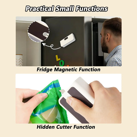 Rechargeable Mini Bag Sealer With LED Power Display One Touch Heat Sealer shown on fridge and cutting a snack bag