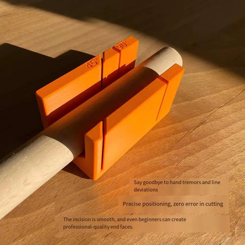 Compact 90 Degree And 45 Degree Cutting Guide For Woodworking, Portable Miter And Straight Cut Helper With Clear Markings On Rails, Easy To Store In Your Toolbox, Hassle Free Outdoor Projects, orange plastic guide on wood dowel