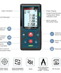 328Ft Laser Distance Meter With Ft In M Switch Dual Bubble Levels Auto Calibration Large Backlit Lcd features overview and buttons.