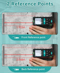 Person using Digital Laser Distance Meter With Dual Bubble Levels, Backlit LCD, 328 Feet Range, Unit Switchable Among M, In, Ft for measuring distance on wall.