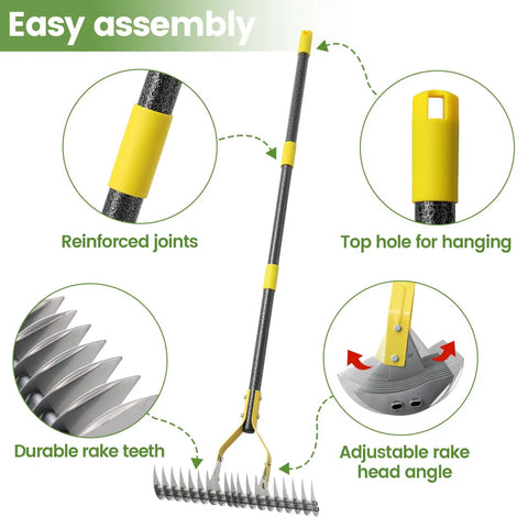 Dual Head 19 Tooth Thatch Rake 55 Inch Heavy Duty Dethatcher features reinforced joints and adjustable rake head angle
