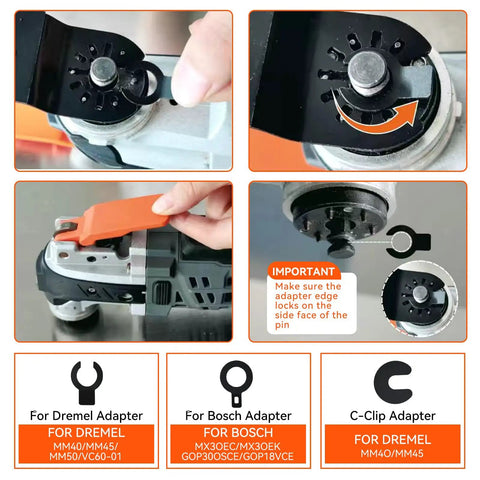 Four Pack Carbide Tipped Oscillating Multi Tool Blades For Cutting Embedded Nails Flush Wall Touch Ups Remodels Built Tough To Handle Daily Grind Without Folding Or Chipping, showing Dremel and Bosch adapter fittings.