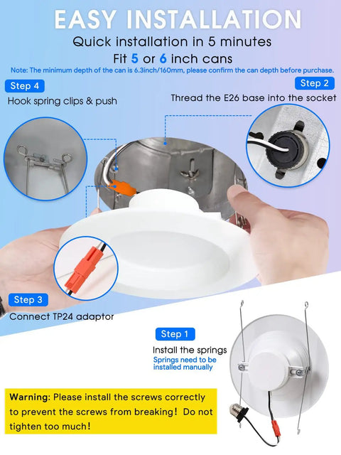Dope 5/6 Inch Dimmable LED Can Light Kit installation guide with hands showing easy steps for ceiling retrofit.