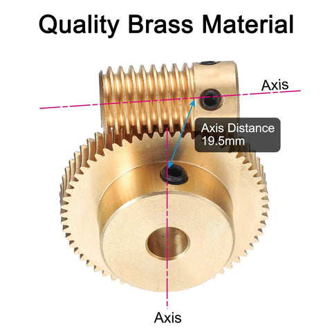 Beefy Brass Worm Gear Set 0.5 Module 60 To 1 Reduction, 5mm Bore Shaft And 6mm Bore 60 Tooth Brass Gear Wheel showing axis details.
