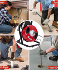 Heavy Duty Electric Drain Cleaner Machine with Automatic Sewer Snake Feed System in use on various pipes and drains.